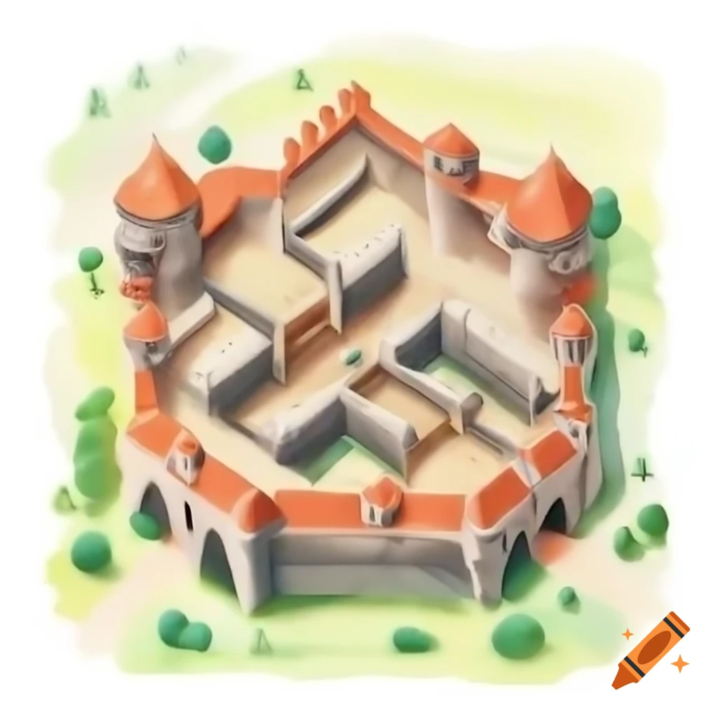 Top view of a square fortified castle, watercolor style