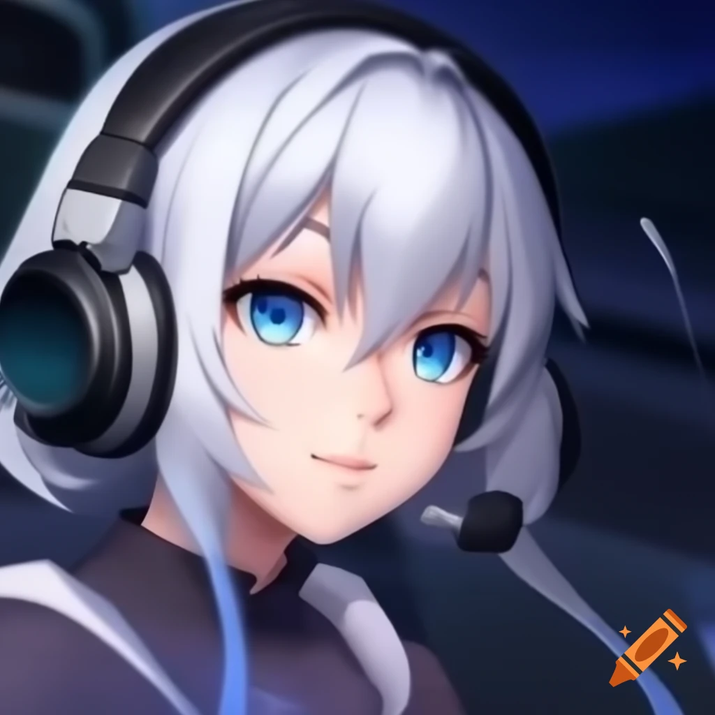Silver-haired female anime character in headset, focused mid-game