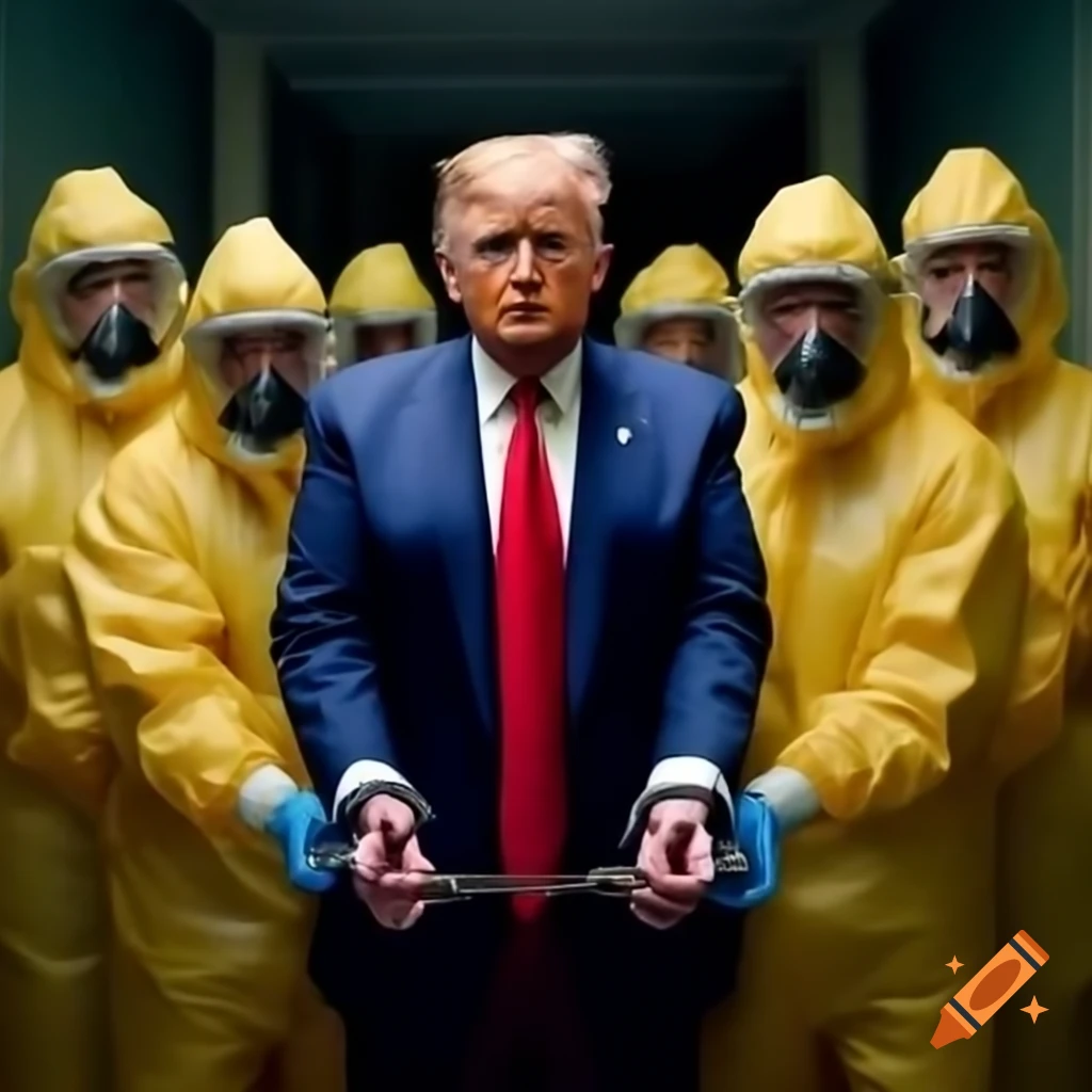 Photorealistic satire of Donald Trump handcuffed by men in yellow hazmat suits