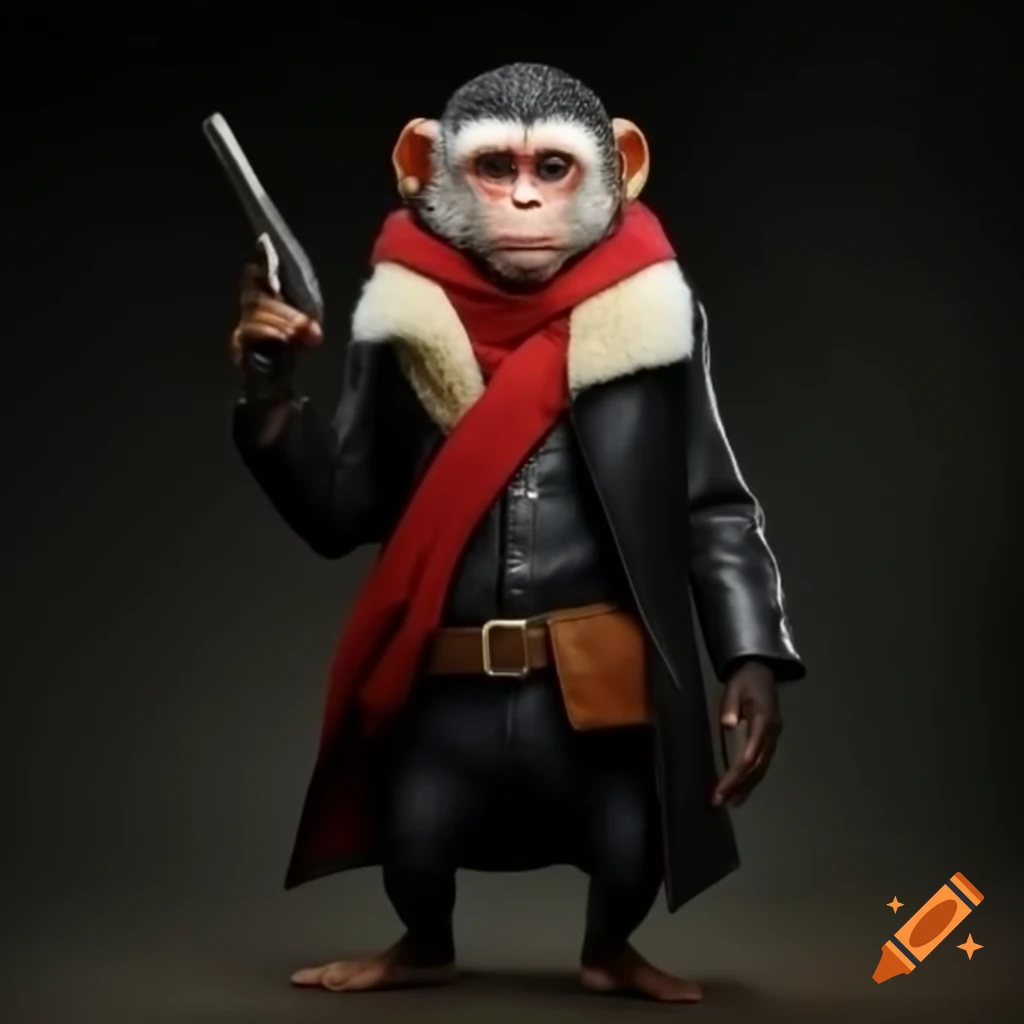 Capuchin monkey in trench coat and scarf pointing flintlock pistol