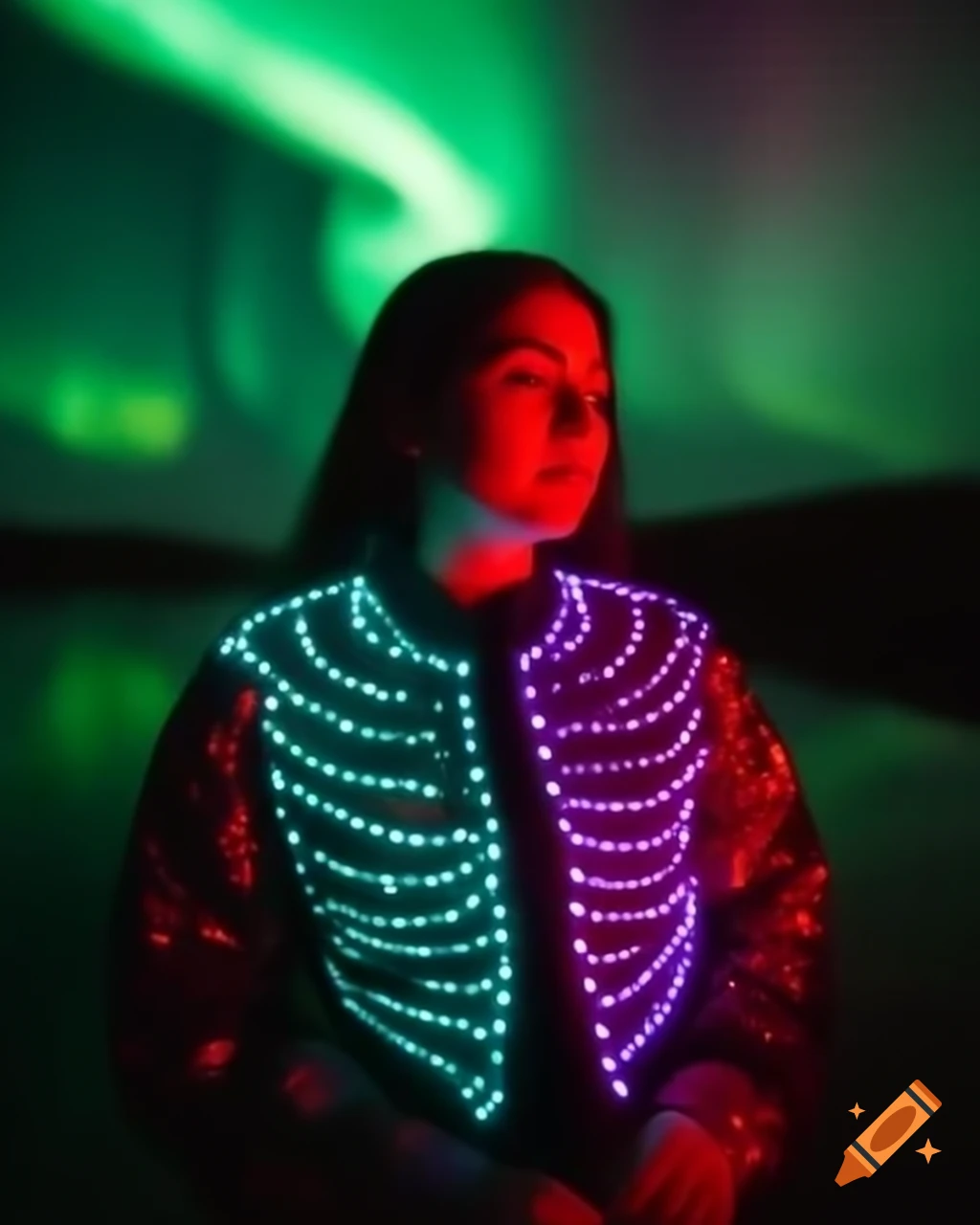 Woman in northern lights design jacket