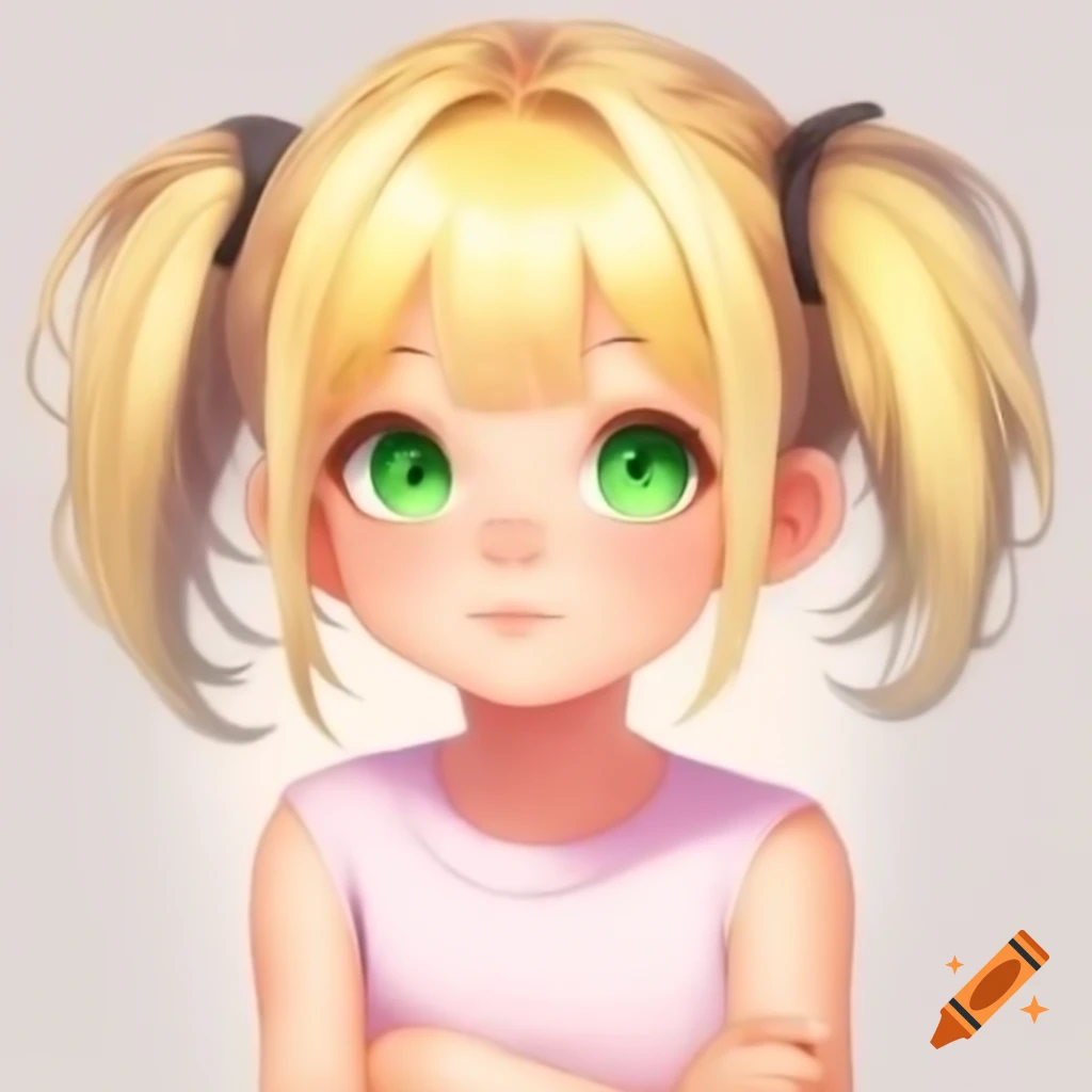 Anime girl with blonde hair and green eyes, arms crossed in light pink t-shirt