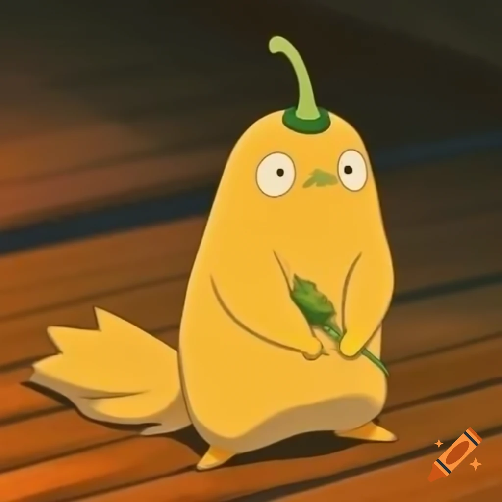 Golden pepperoncini character in Ghibli animation style