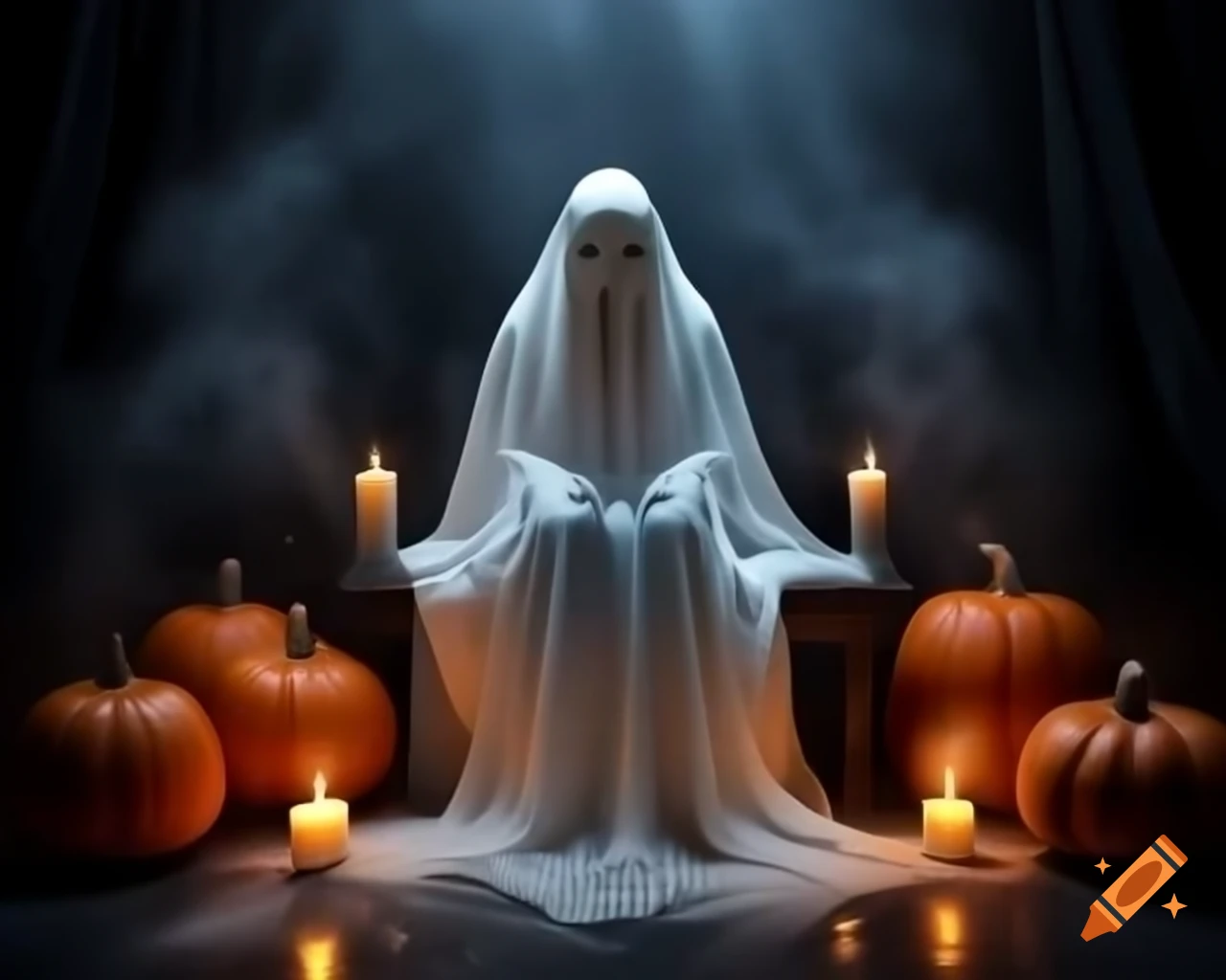 Ghost surrounded by mist, candles, and pumpkins