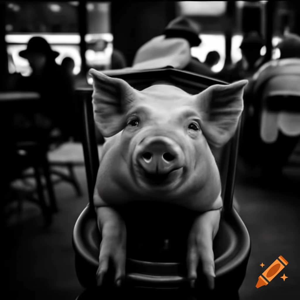 Female pig wearing hat sitting on chair in crowded cafe
