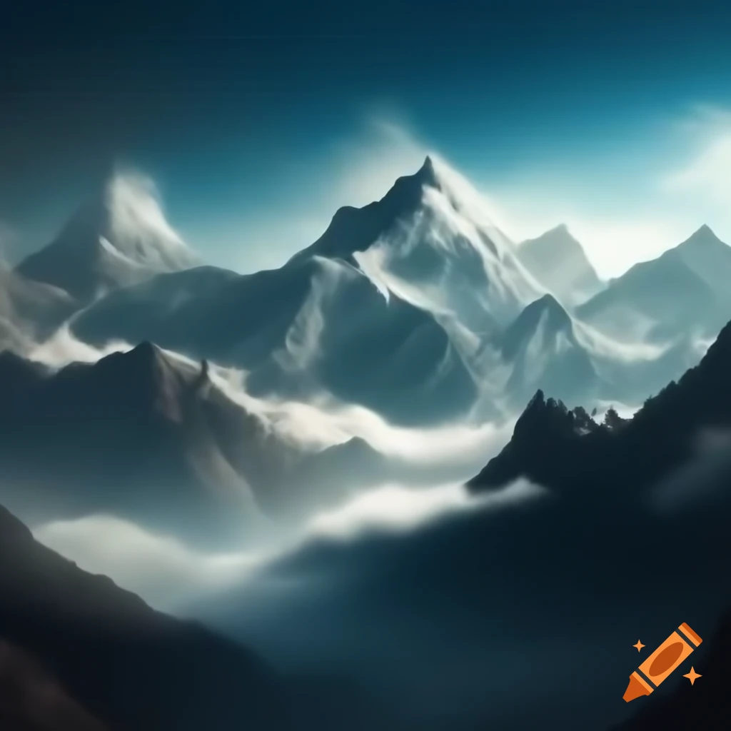 Majestic view of the Himalayas with dramatic lighting and mystical fog