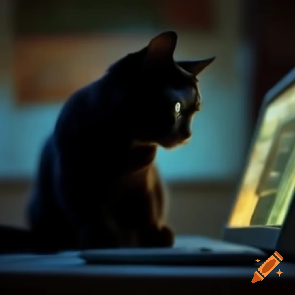 Black cat with white spot on neck playing on computer, hyper-realistic style