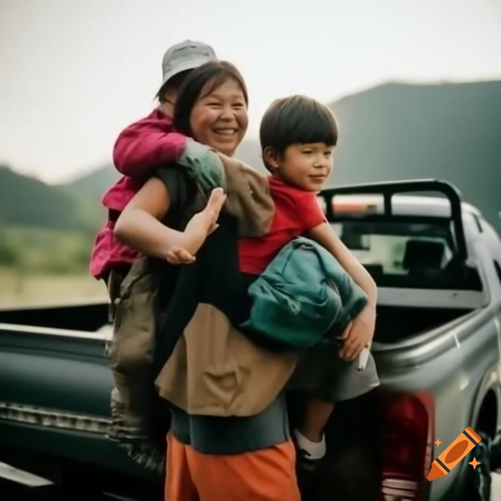 Asian woman with two children hitchhiking near pickup truck