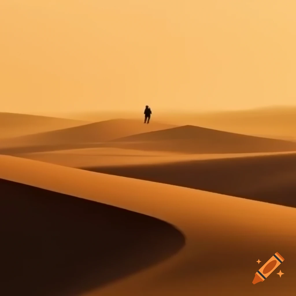 Solitary figure walking on vast sand dunes with warm glowing light