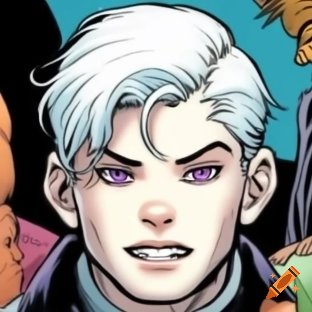 Comic book character of 17-year-old white male with white hair and violet eyes