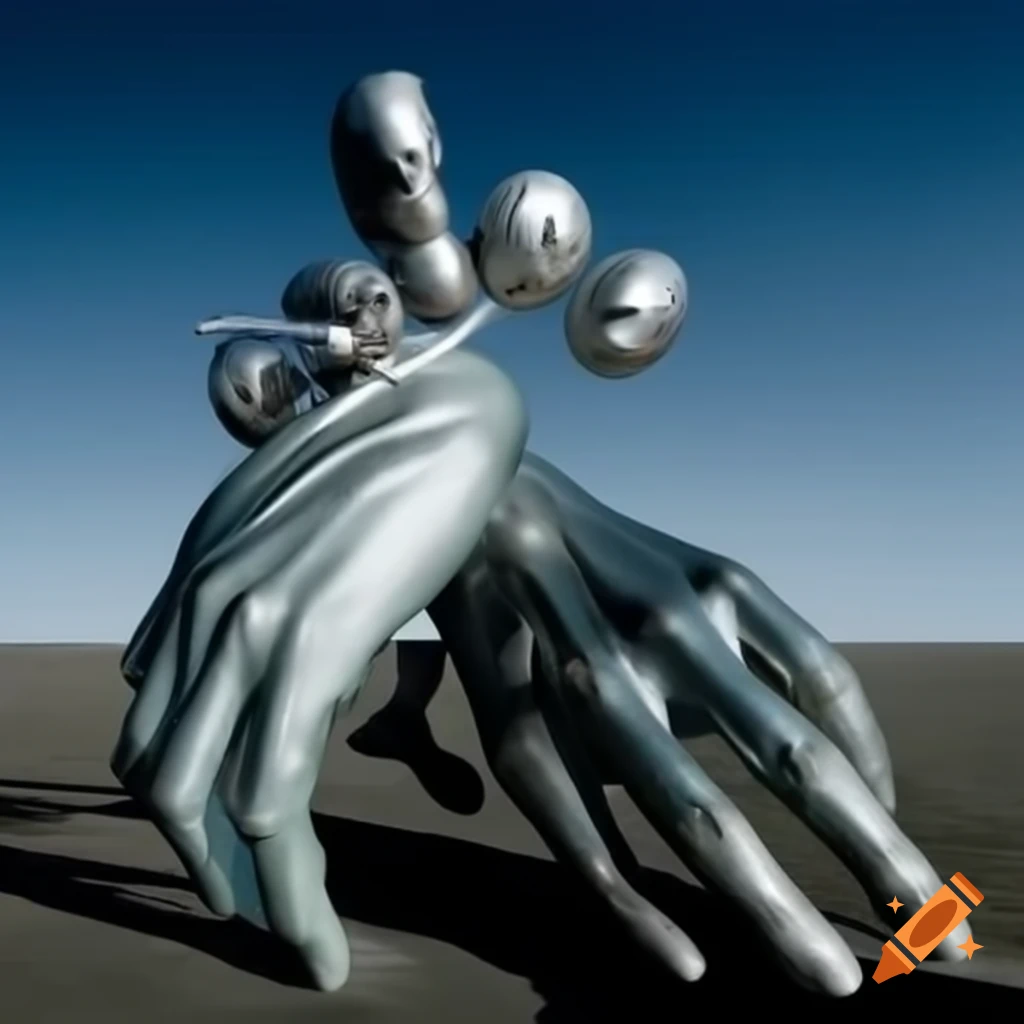 Pop surreal photography featuring a silver statue