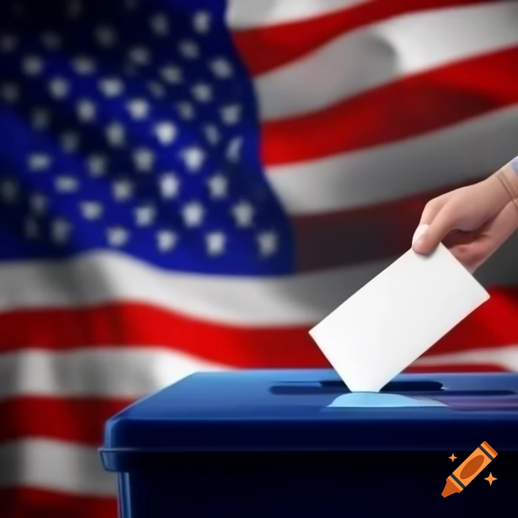 Hyperrealistic voting urn with US flag in background