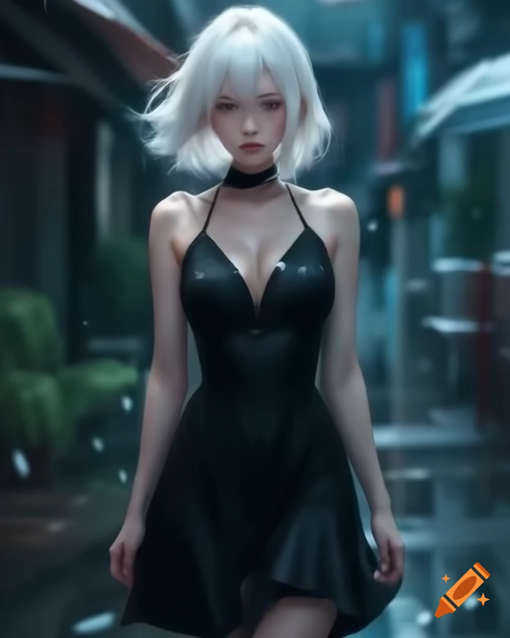 Anime woman with white hair in a black dress on a rainy day, realistic style