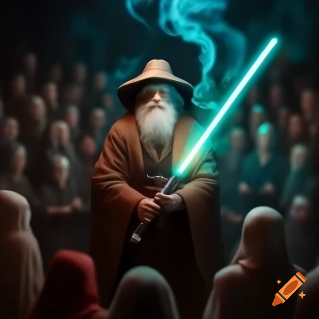 Willie Nelson performing in Sith-inspired robe with glowing lightsaber in whimsical smoke