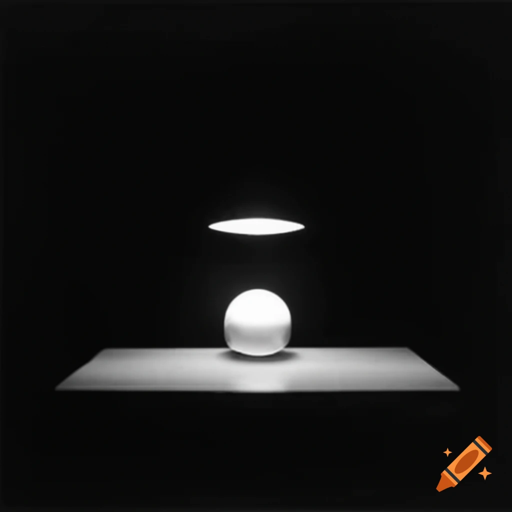 Sphere on table with black background and overhead lighting