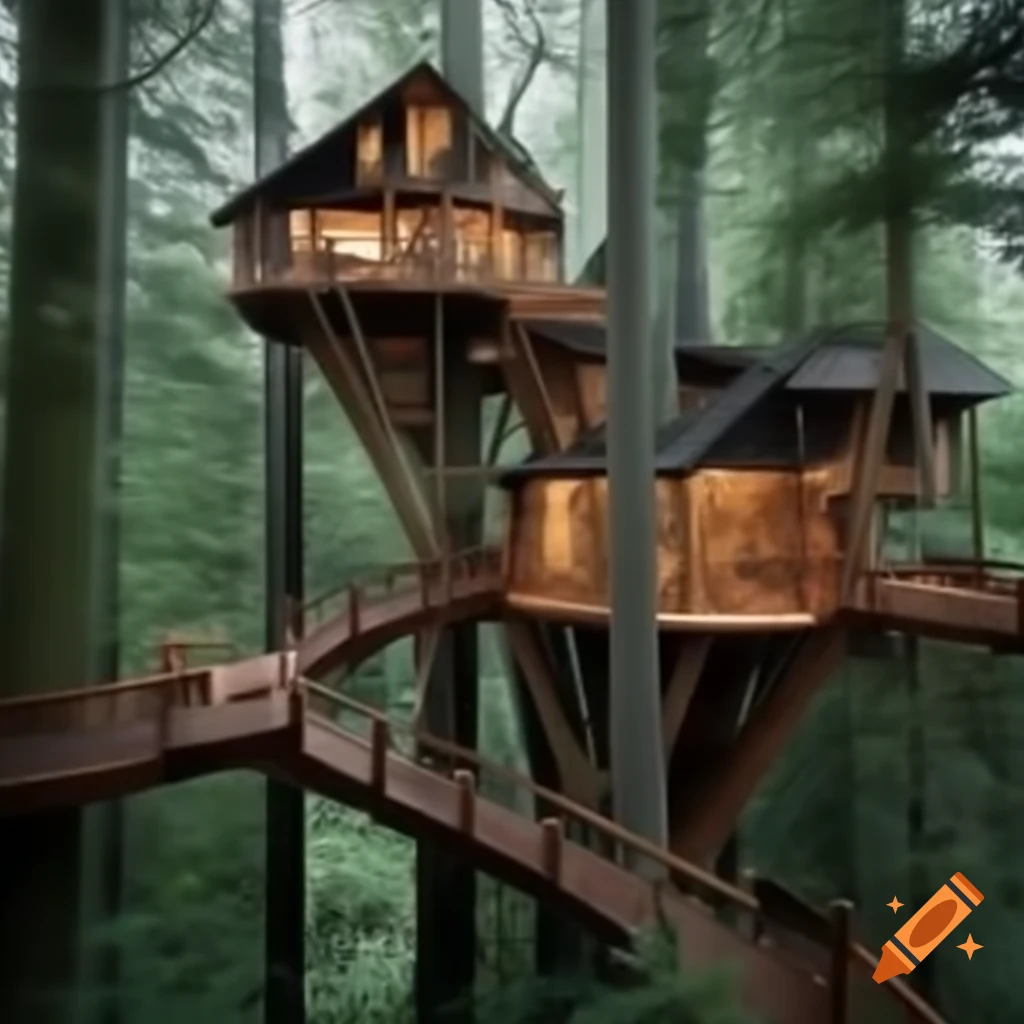 Wooden treehouse village connected by bridges in a dim forest