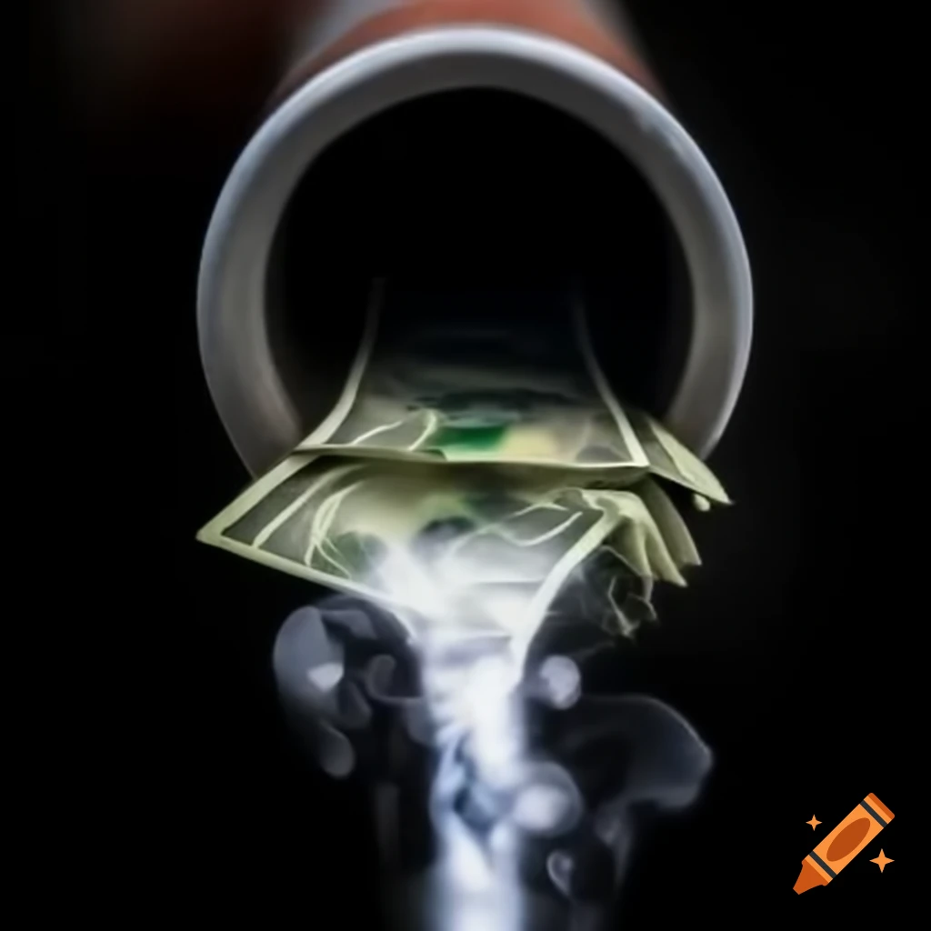 Close-up of steel pipe with steam and flowing money