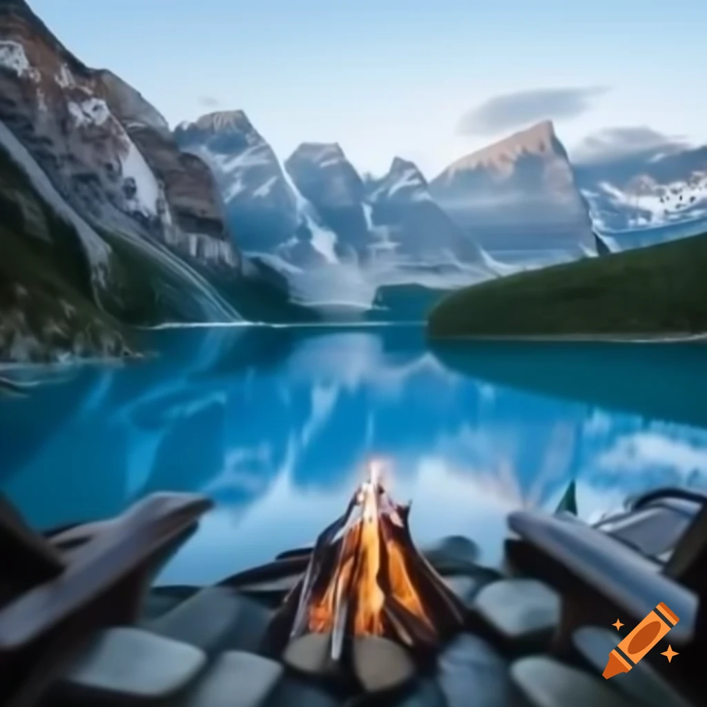 Calm Canadian lake with clear blue water and house by a campfire