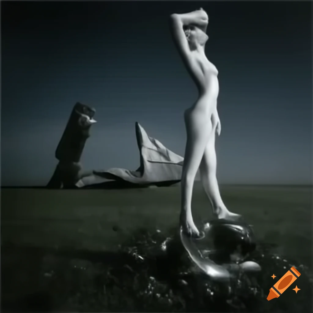 Pop surreal 2000's photography featuring silver statue