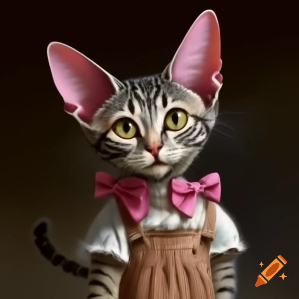 Catfolk child with pink bows and ragged dress