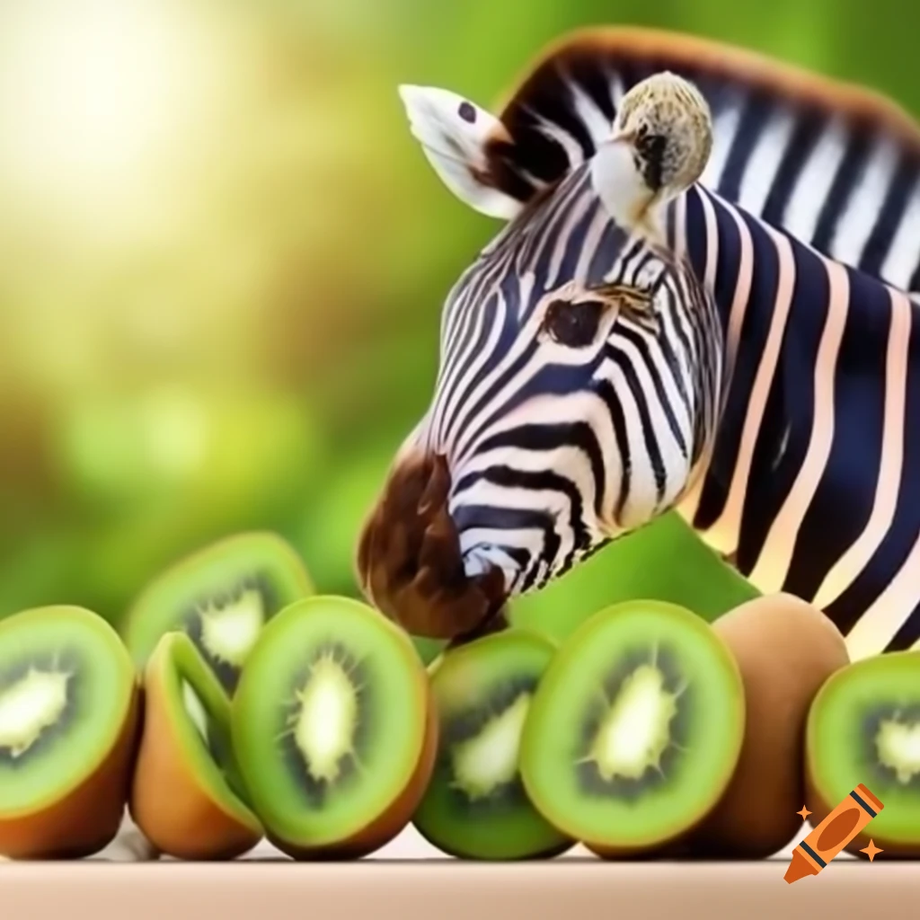 Zebra standing next to kiwi fruits