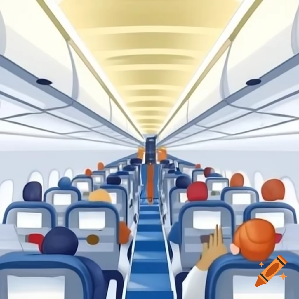 Airplane seats with passengers watching monitors, simple line drawing