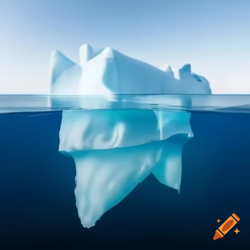 Iceberg partially submerged in the sea, 30% above water on the left