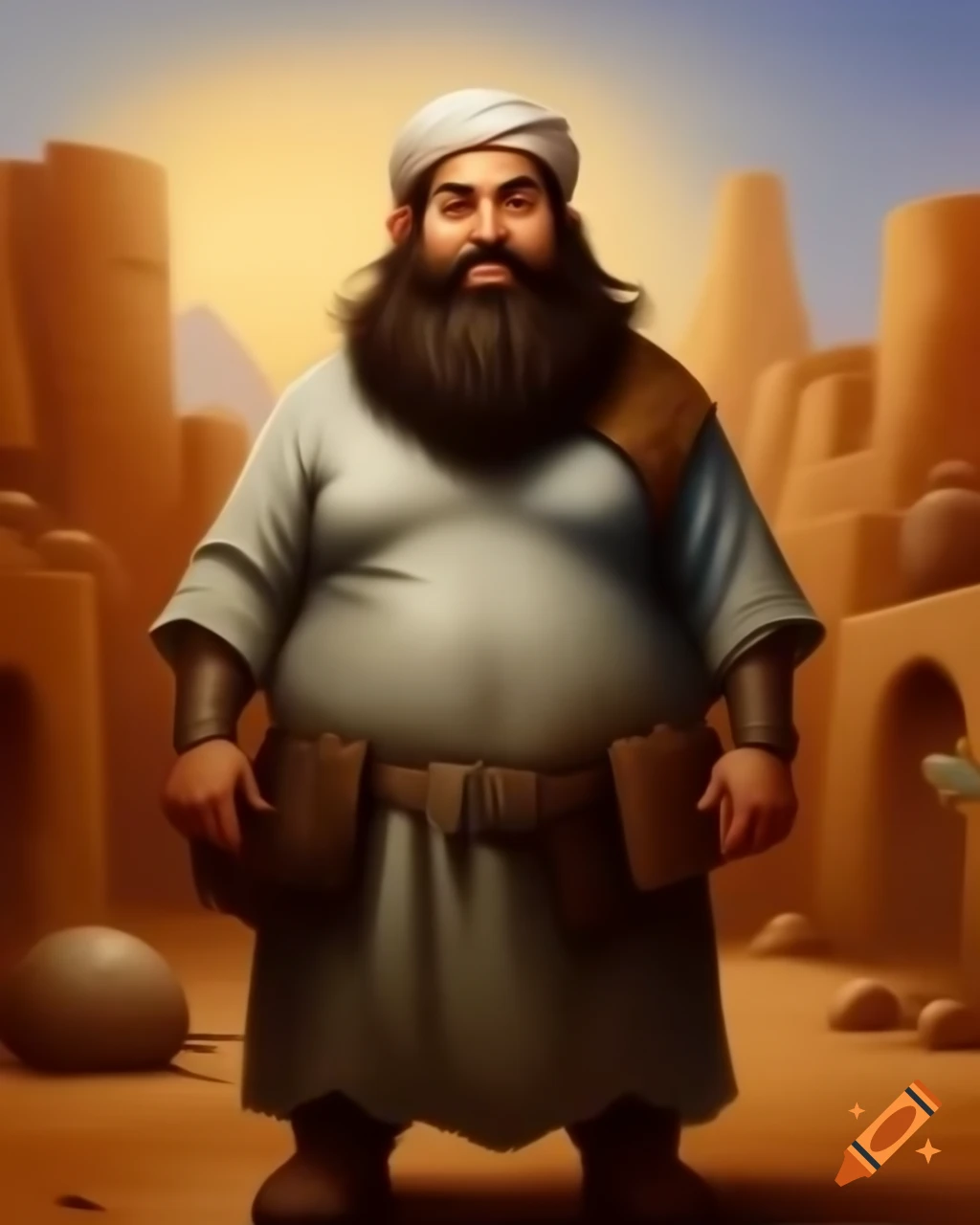 Magical desert village featuring an Arabic man, fantasy oil painting