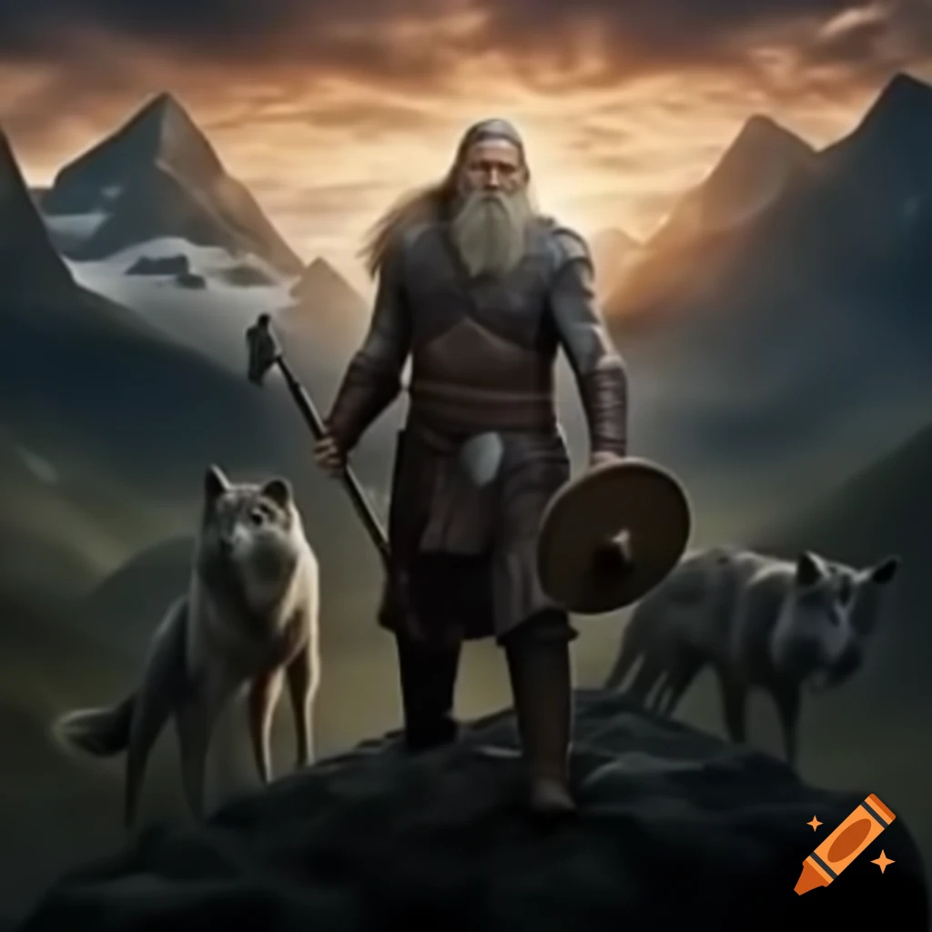 Viking warrior standing proud with wolf pack against ancient mountains and fierce sky