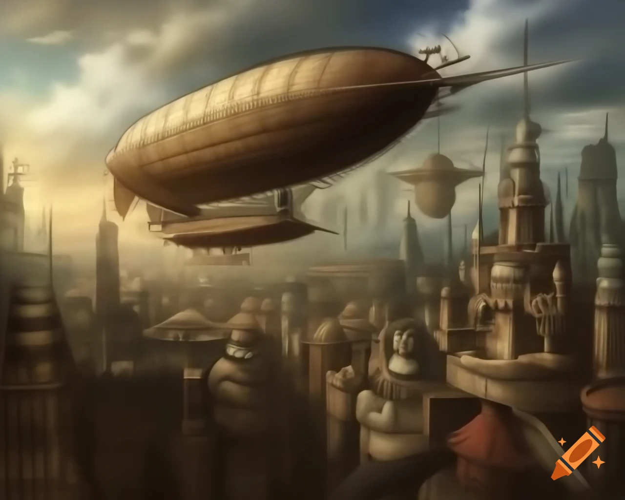 Steampunk airship over city in highly detailed artistic style
