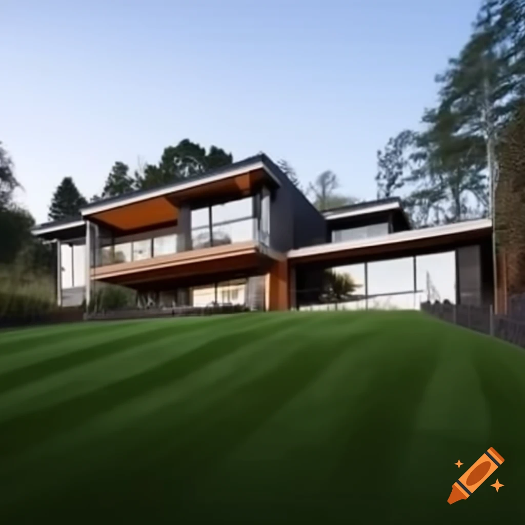 Modern house with sleek windows and wood accents on a well-groomed hill