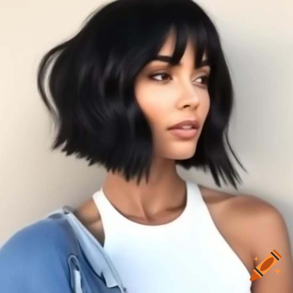 Woman with bob haircut in blue jeans and white tank top showcasing toned muscles