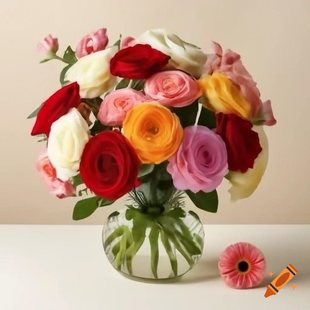 Vibrant floral arrangement with 6 roses and 3 gerberas in various colors