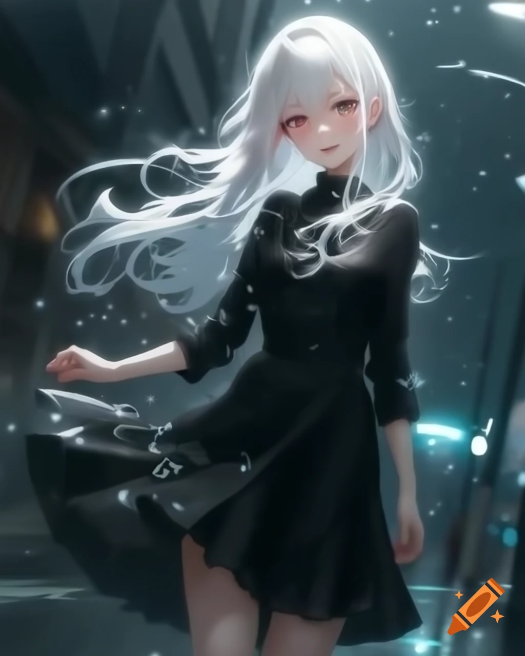 Anime-style woman with white hair in a black dress on a rainy day