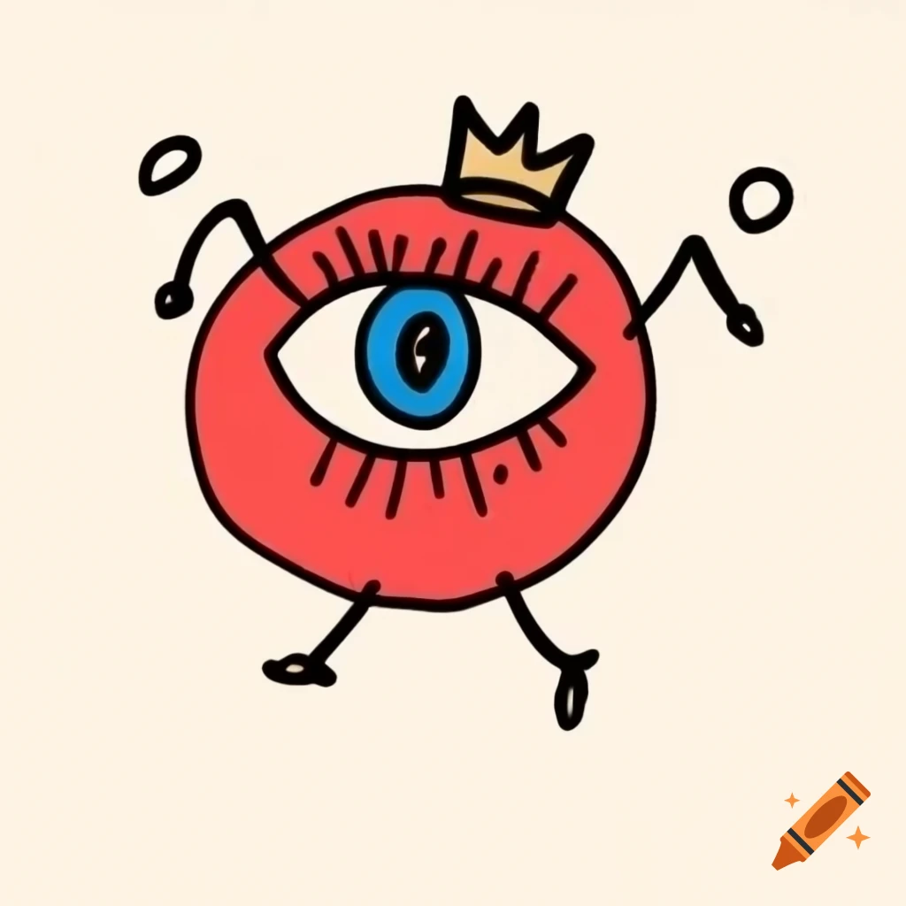 Abstract design featuring a red circle with an eye and black limbs and crown