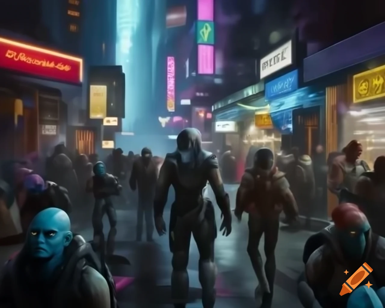 Futuristic urban scene at night with bustling street and neon signs