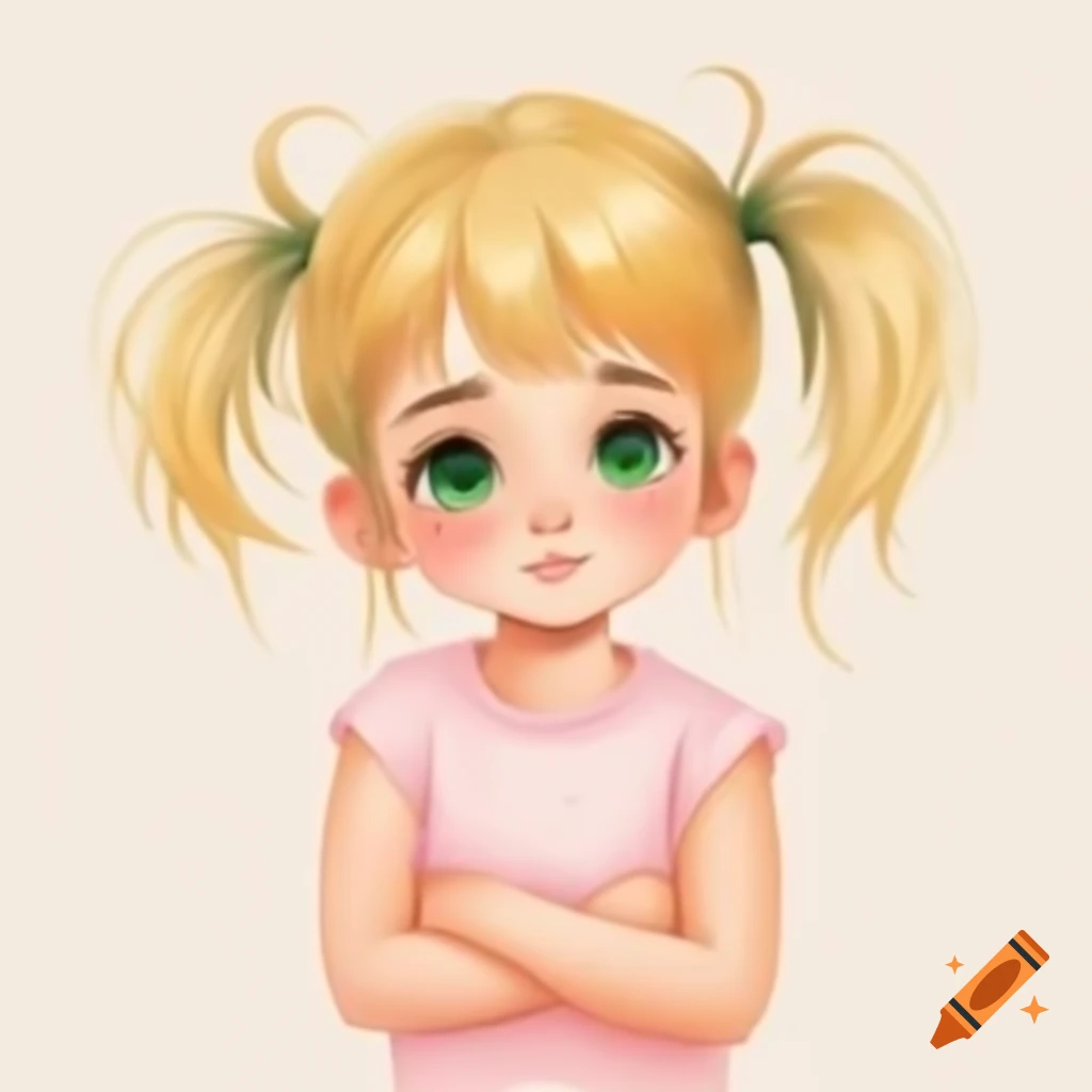 Anime girl with blonde hair and green eyes, arms crossed in light pink t-shirt