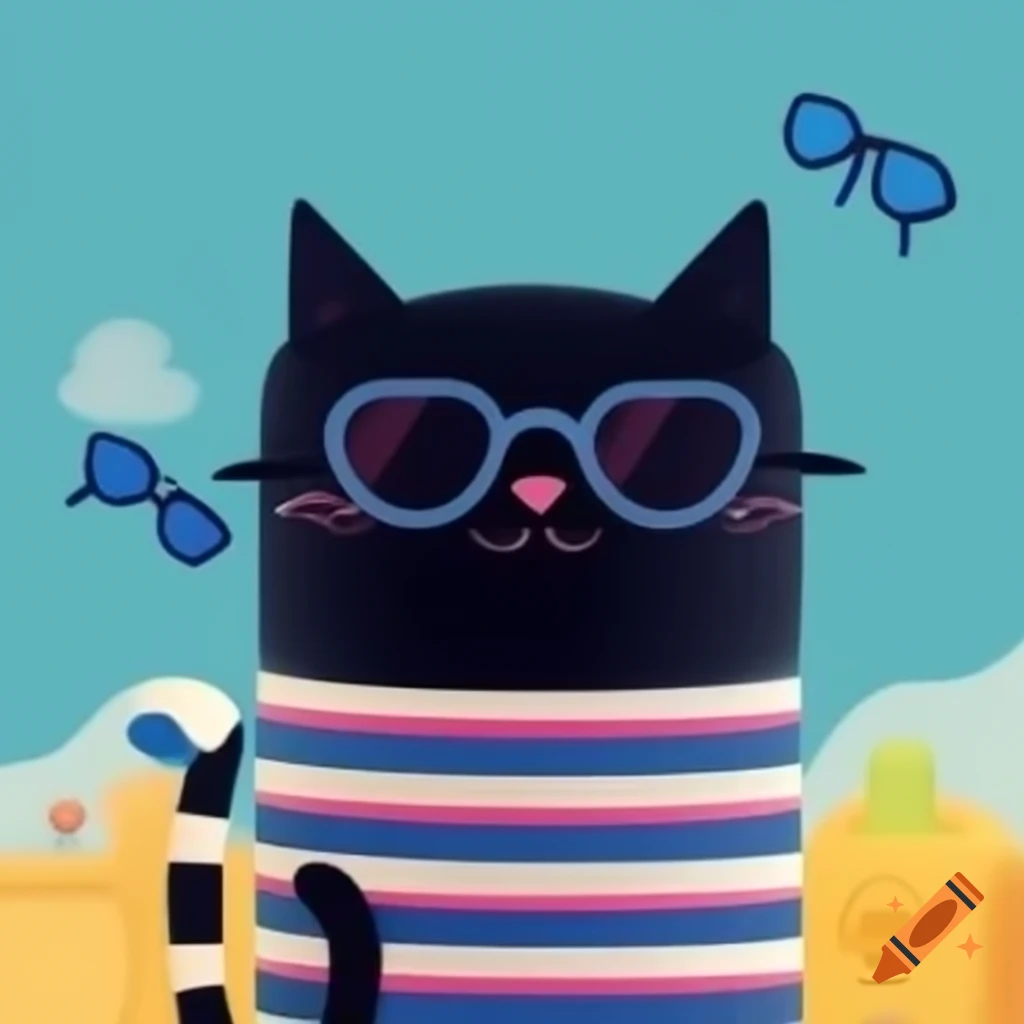 Cartoon art of black cat with striped pajamas and sunglasses