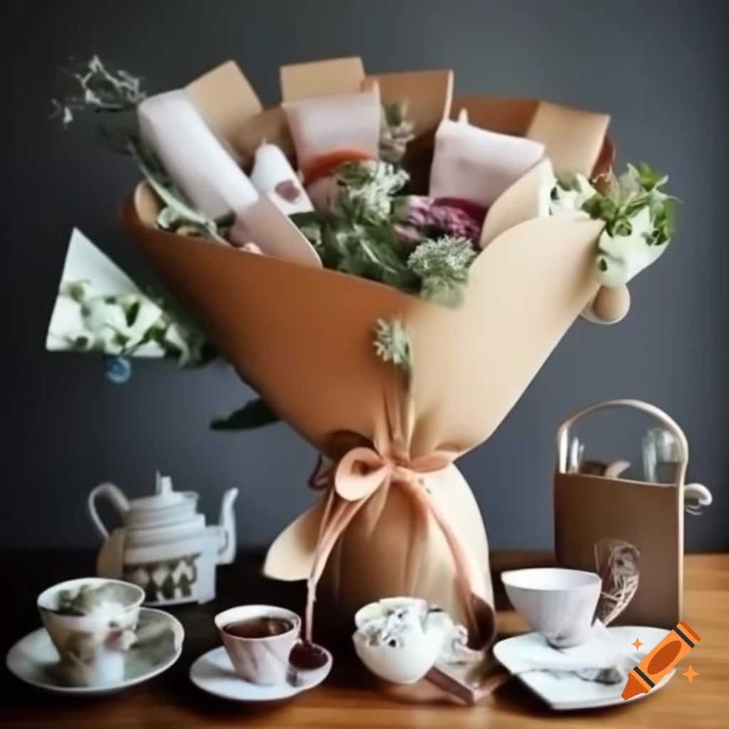 Bouquet made of tea bags and tea-related items