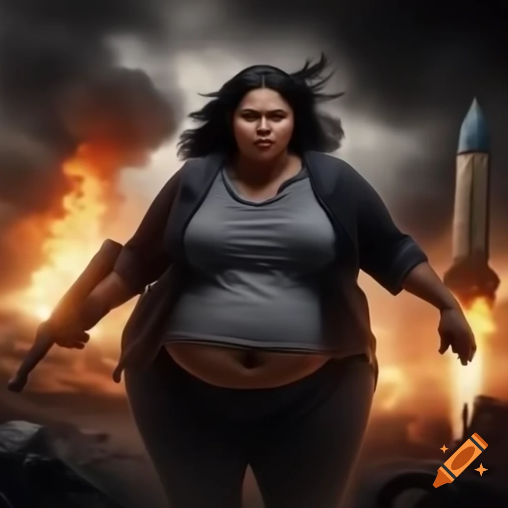 Plus-sized woman with black hair defending Gan Yavne from a rocket attack amidst explosions