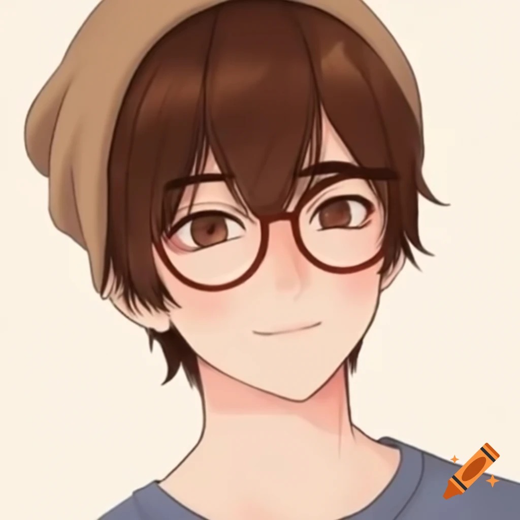 Anime character of a 21-year-old Caucasian male with facial hair and glasses wearing a beanie