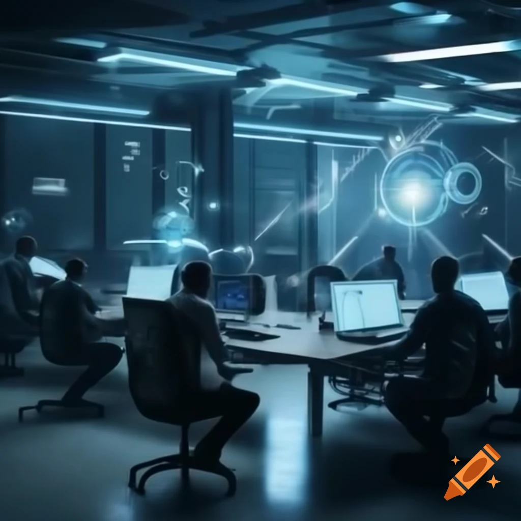 Entrepreneurs working with AI devices in modern workspace with holographic interfaces