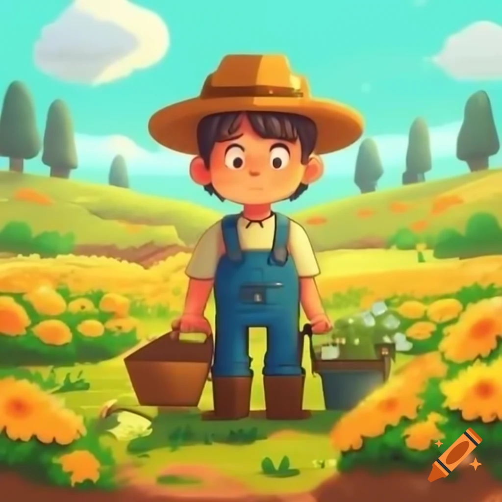 Farmer boy in field of flowers in Scribblenauts Unlimited style