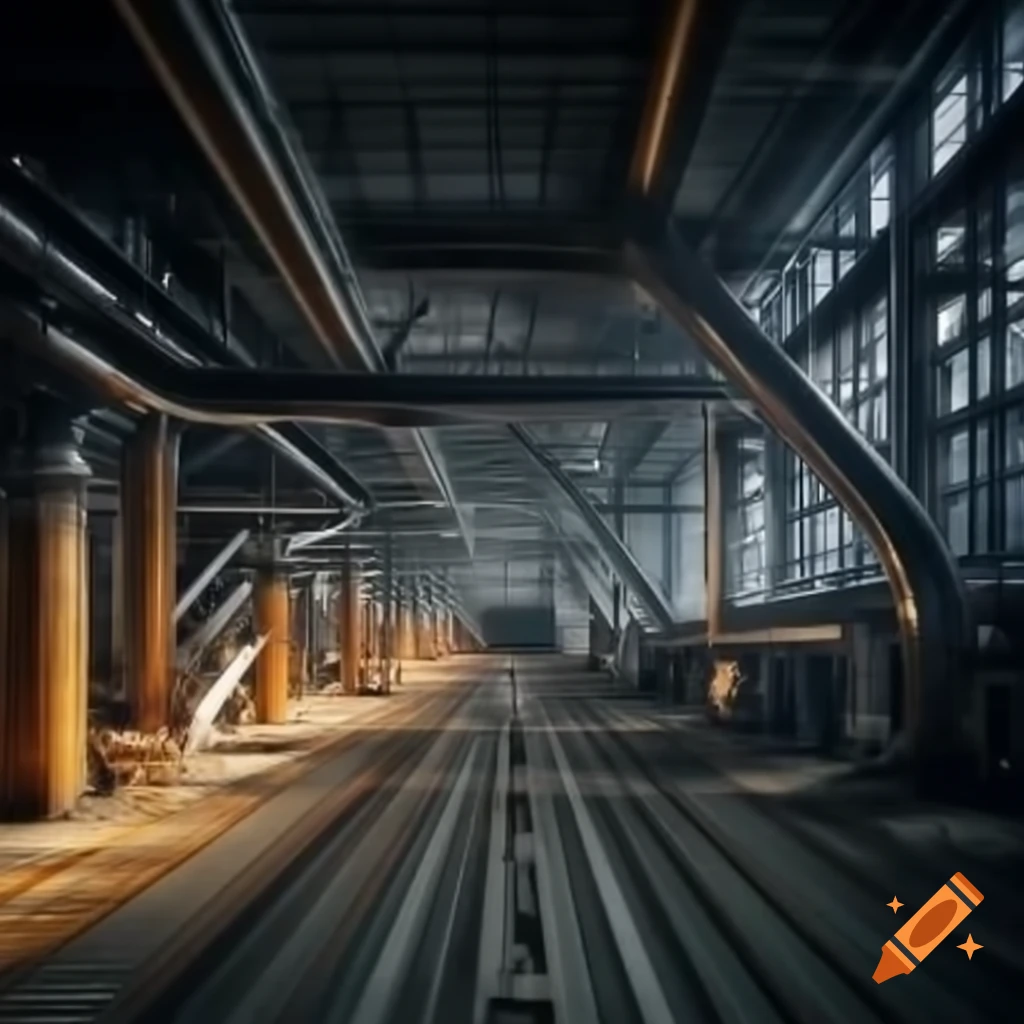 Industrial power facility with illuminated factory floor in brutalist design