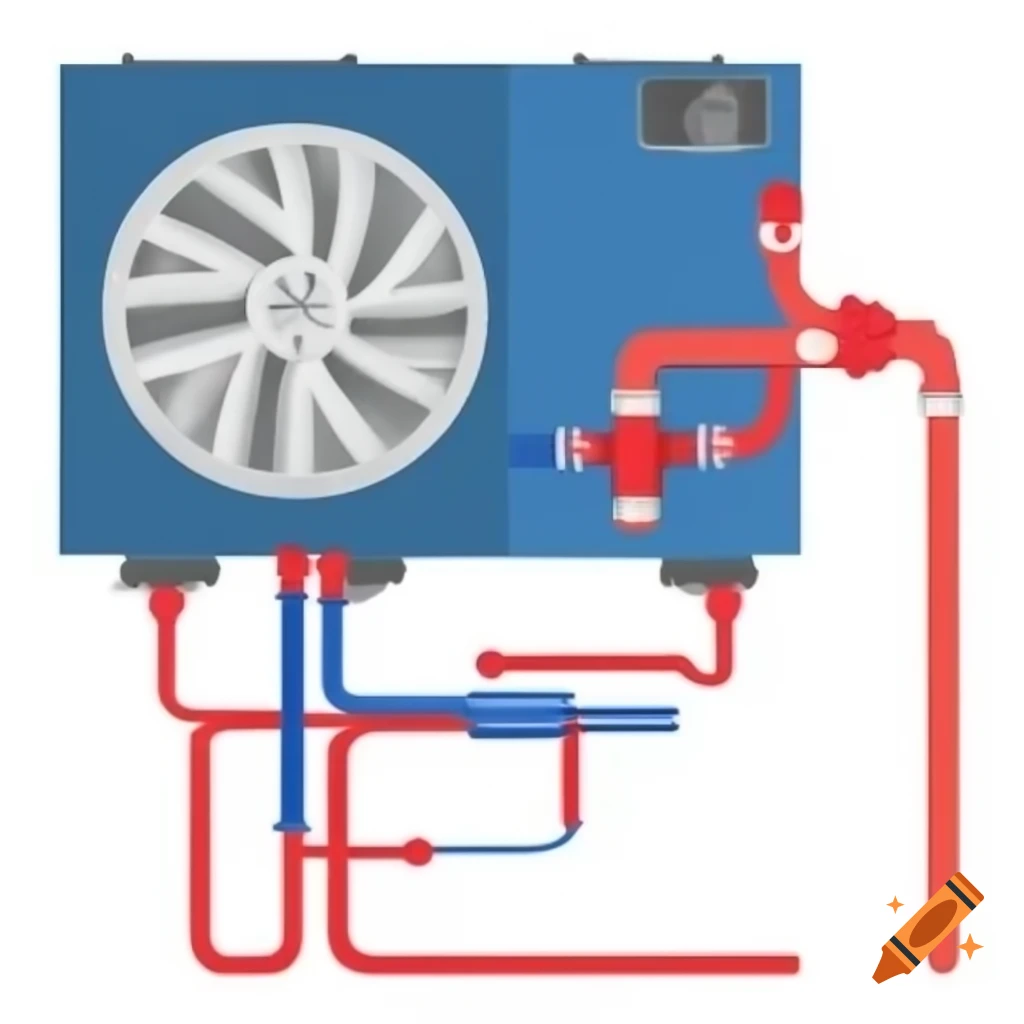 Complicated plumbing installation with red and blue heating and cooling