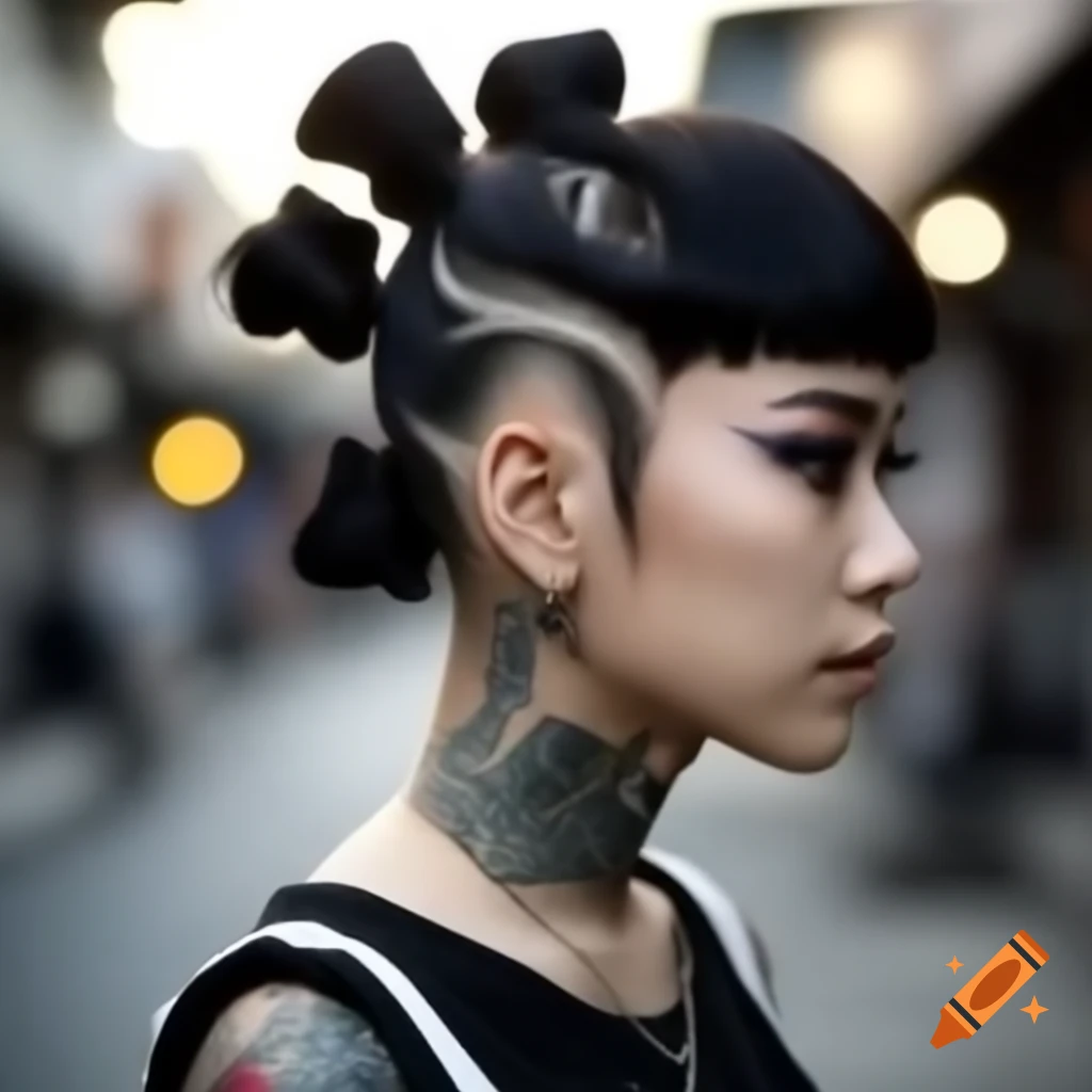 Gothic Asian girl with undercut hair, tattoos, and piercings walking in the street