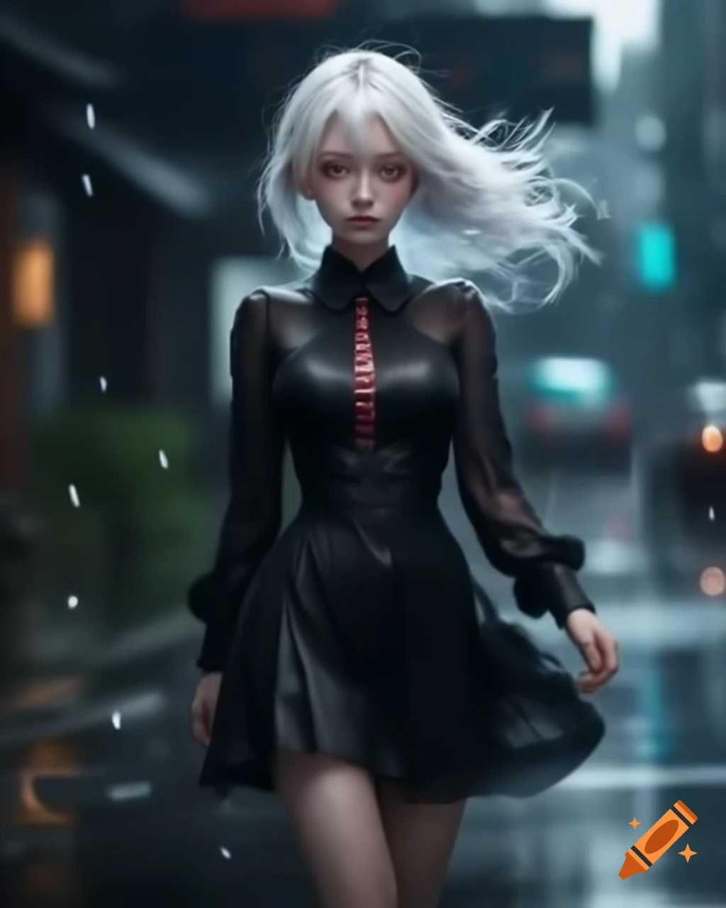Anime character with white hair in black dress on a rainy day