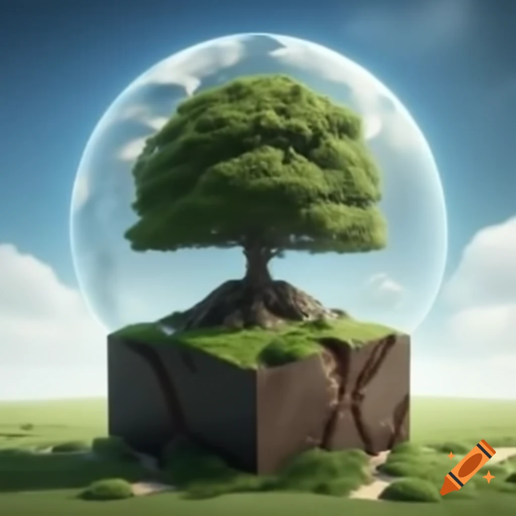 Large world tree on cubic base with lawn and soil representing low carbon concept