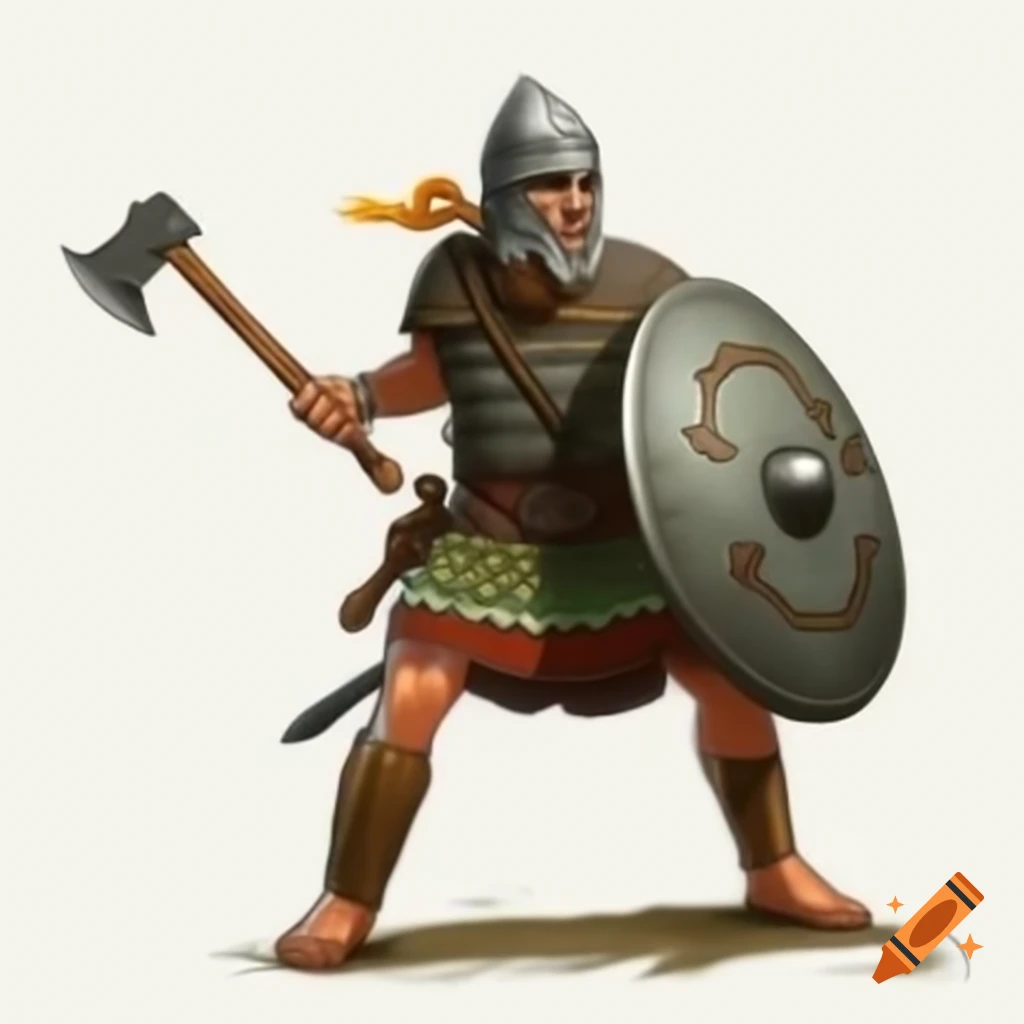 Full body drawing of Bronze Age warrior with shield and axe against white background