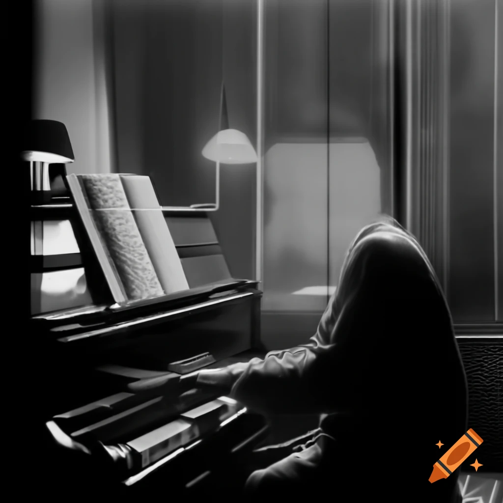 Acrylic Painting Of Man Playing Piano With Billboard Lights Reflection 